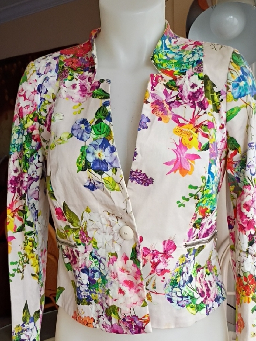Floral Print Women's Blazer Jacket - Cream Multi Colorful